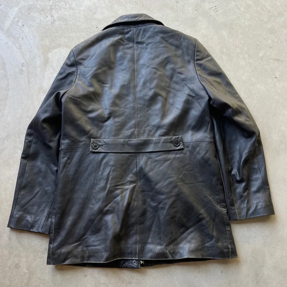 Gap Mens Genuine Leather Car Coat Jacket Black Zip Up Wool Blend Lining Medium